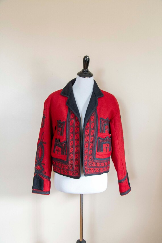 70s Guatemalan Red and Black Soutache Embroidered