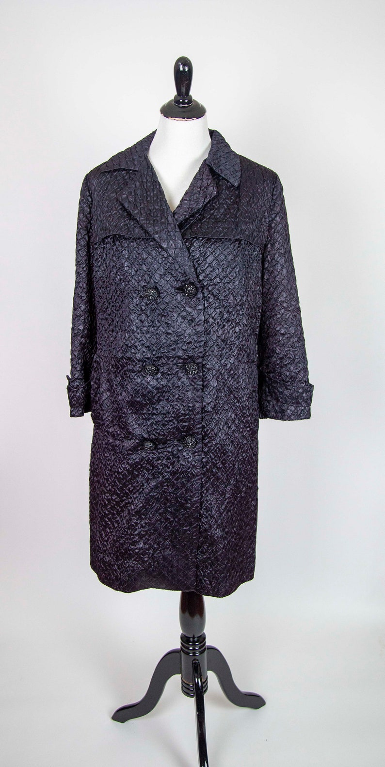 60s Lilli Ann Quilted Black Satin Double Breasted Overcoat Size Medium image 2