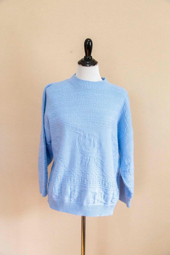 80s Lauren Pale Blue Rose Knit Sweater Size Medium