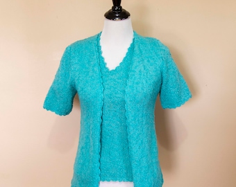 60s Two Piece Hand Knit Light Blue Lurex Knit Shirt and Matching Cardigan Size Small