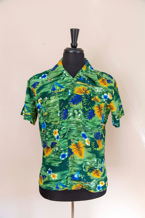 50s K-Mart Green Rayon Hawaiian Shirt Size Medium