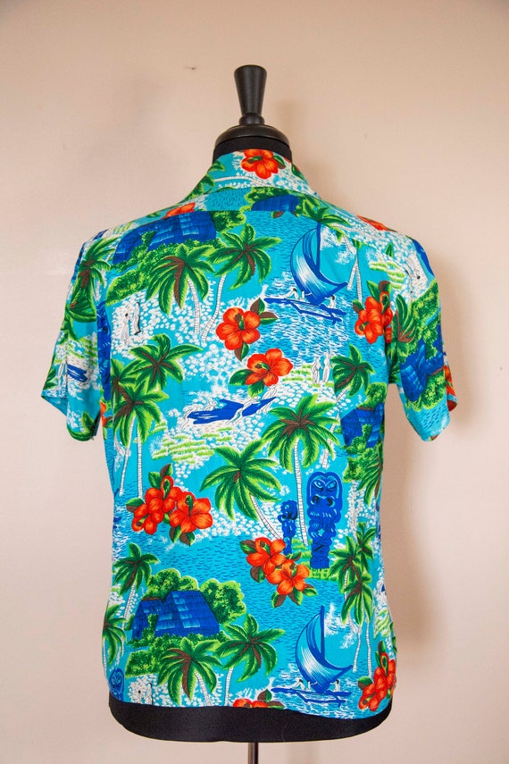 50s K-Mart Blue Rayon Hawaiian Shirt Size Medium - image 5