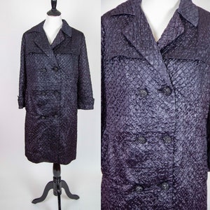 60s Lilli Ann Quilted Black Satin Double Breasted Overcoat Size Medium image 1