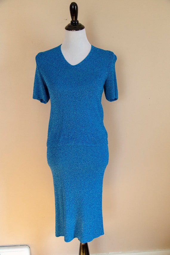 60s Two Piece Blue Hand Crochet Knit Top and Skirt