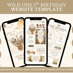 Er ist eine Wild One Safari Jungle Geburtstag Einladung, Timer & Karten bearbeitbare Canva Vorlage