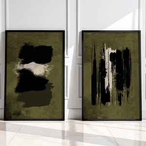 Olive Green Wall Art Brush Stroke Abstract Art Print Set of 2 Minimalist Posters Dark Green Prints Digital Download Contemporary Wall Decor