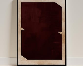 May include: Abstract art print in a black frame. The artwork features a deep burgundy rectangular shape with a lighter beige border. The burgundy shape has a textured, brushstroke appearance. The design includes two angular cutouts.