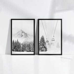 Conjunto de 2 pôsteres de esqui com teleférico, decoração de parede de inverno, estilo chalé, com tema de montanha nevada e para baixar.