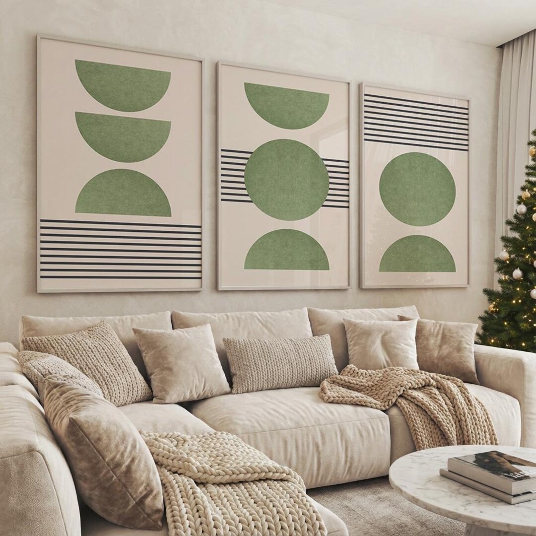 Sage Green Geometric Art Prints, Mid Century Modern Set of 3 (digital ...