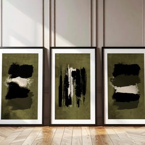 Juego de 3 impresiones abstractas de arte de pared verde oliva, póster de pinceladas, arte abstracto pintado, arte de pared grande, decoración de sala de estar, arte minimalista