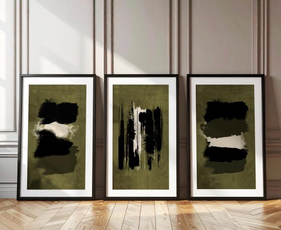 Olive Green Wall Art Set of 3 Abstract Green Prints Brush Stroke Poster Painted Abstract Art Large Wall Art Living Room Decor Minimalist Art