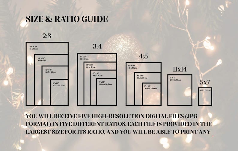 May include: Image showing a size and ratio guide for digital prints. The guide displays various rectangular shapes representing different aspect ratios, including 2:3, 3:4, 4:5, 11x14, and 5x7. Text indicates the files are high-resolution JPGs.