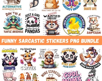 Sarcastic Animal Stickers, Funny PNG Clipart Bundle (Digital Download)