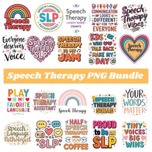 Op de afbeelding: Een verzameling kleurrijke graphics met het thema logopedie. Ontwerpen omvatten regenbogen, harten en tekst zoals "Speech Therapy", "SLP" en "Your Words Matter". De PNG-bundel is ideaal voor docenten en therapeuten.