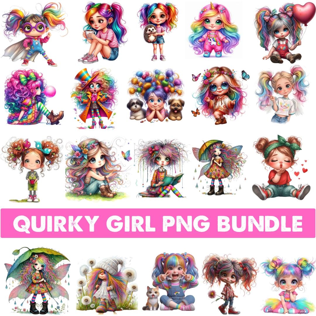 Watercolor Quirky Girl Clipart Bundle, Trendy PNG Images (digital ...
