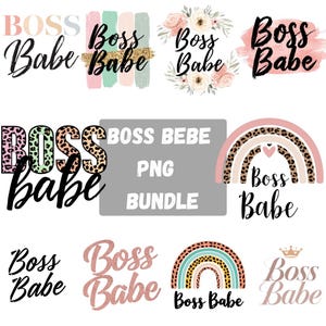 Könnte beinhalten: Eine Sammlung von "Boss Babe" Grafiken in verschiedenen Stilen. Designs beinhalten Blumenarrangements, Aquarellhintergründe, Leopardenmuster-Akzente und Regenbogenmotive. Der Text "BOSS BEBE PNG BUNDLE" ist ebenfalls vorhanden.
