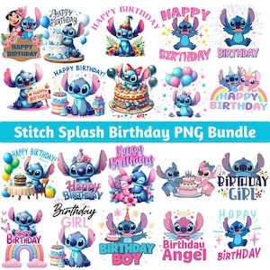Puede incluir: Una colección de imágenes PNG coloridas con el personaje Stitch de Lilo & Stitch. Las imágenes incluyen a Stitch con pasteles de cumpleaños, globos y las palabras "Happy Birthday", "Birthday Girl" y "Birthday Boy".