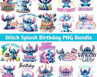 Stitch Splash Birthday PNG Bundle, Summer Splash Blue Alien Clipart (Digital Download)