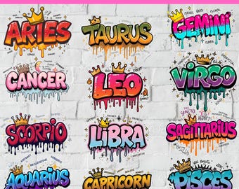 Zodiac Graffiti PNG Bundle, Horoscope Astrology Clipart (Digital Download)