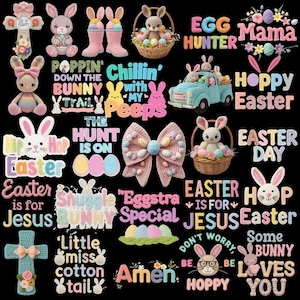 May include: A collection of Easter-themed crochet items and text on a black background. The image includes crochet bunnies, baskets with eggs, a truck, a bow, and crosses. Text includes "Easter," "Hoppy Easter," and "Eggstra Special."