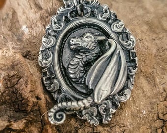 Cameo Picture Frame Dragon Silver Necklace