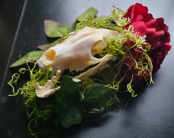Red Flower and Moss Real Fox Skull Table Art or Wall Hanging