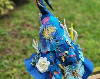 Blue Magical Bird and Flower Enchanted Witch Hat