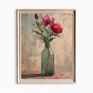 Peonías rosas pintura óleo, botella vidrio vintage, naturaleza muerta romántica, descarga instantánea impresión