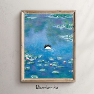 Peinture nénuphars imprimable, étang grenouille art impressionniste bleu vert, décoration jardin eau téléchargement instantané