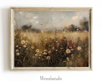 wildblumen wiese dunkle wandkunst druckbar, vintage ölgemälde rustikale landschaft, cottagecore deko (sofortiger download)