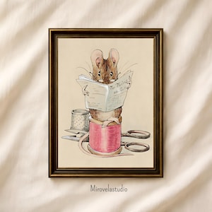 May include: Framed illustration of a brown mouse reading a newspaper titled "The Tailors are Cute." The mouse is perched on a pink spool of thread, with a thimble and scissors nearby. The artwork has a vintage, storybook aesthetic.