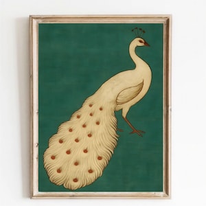 Impression murale paon art déco imprimable, affiche oiseau vintage fond vert, décoration maison élégante téléchargement instantané