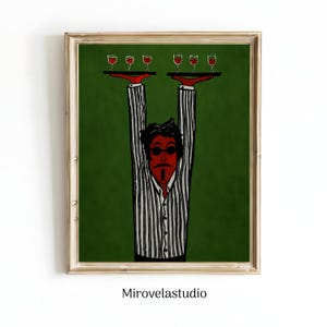 Könnte beinhalten: Ein gerahmter Kunstdruck mit einer stilisierten Illustration einer Person mit rotem Gesicht, dunklem Haar und Sonnenbrille, die ein schwarz-weiß gestreiftes Hemd trägt. Die Figur hält zwei schwarze Tabletts über dem Kopf, die jeweils drei Weingläser tragen.