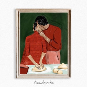 Puede incluir: Ilustración de una pareja con ropa roja, una persona amasando masa mientras la otra la abraza. El fondo es verde y la obra está enmarcada. El nombre del artista, Mirovelastudio, está en la parte inferior.