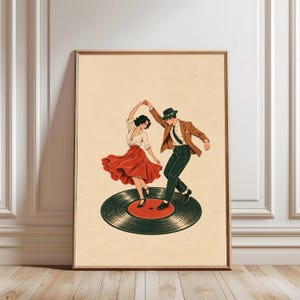 Póster pareja bailando sobre vinilo, arte pared retro años 50 música (Descarga Digital)