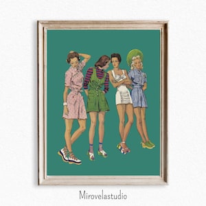 Puede incluir: Ilustración vintage enmarcada con cuatro mujeres con atuendos retro. Las mujeres visten vestidos, pantalones cortos y faldas en varios colores, incluyendo rosa, verde, blanco y azul. La obra de arte está sobre un fondo verde azulado, con el texto "Mirovelastudio" en la parte inferior.