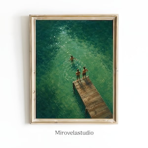 May include: A framed art print depicts a serene scene of three people on a wooden dock, with one person swimming in the clear, turquoise water. The artwork has a vintage aesthetic, with the artist's name, Mirovelastudio, printed at the bottom.
