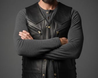 Men's Handmade Biker Vest - Lambskin Leather Slim Fit Waistcoat