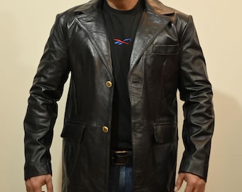 Men’s Classic Black Leather Blazer Coat - Genuine Lambskin Leather Jacket