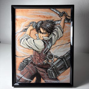 May include: Framed artwork depicting an anime character with swords, in a dynamic pose. The character wears a brown and white outfit with detailed gear. The background has an orange and white watercolour effect, within a black frame.