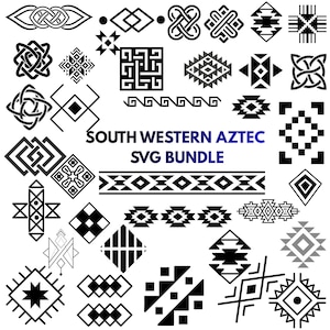 May include: A collection of black and white Southwestern and Aztec-inspired SVG designs. The designs include geometric patterns, tribal motifs, and the text "SOUTH WESTERN AZTEC SVG BUNDLE".