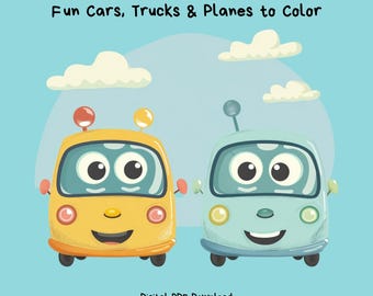 May include: A digital PDF coloring book cover with the text "Vehicles Coloring Book for Kids Fun Cars, Trucks & Planes to Color." The cover features two cartoon cars, one yellow and one blue, with smiling faces, set against a light blue sky with clouds.