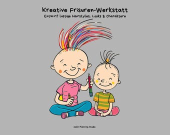 May include: A cartoon illustration featuring two smiling children with colorful hair. One child holds a pencil, and the other has a small tuft of hair. The image includes text in German: "Kreative Frisuren-Werkstatt" and "Entwirf lustige Hairstyles, Looks & Charaktere."