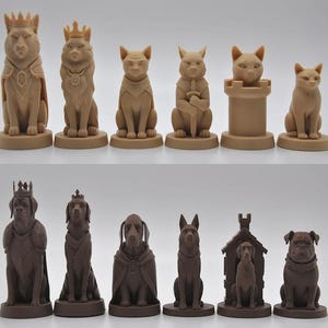 May include: A chess set featuring animal-themed pieces. The light brown pieces are cats, while the dark brown pieces are dogs. The king and queen pieces are adorned with crowns. The set includes a rook shaped like a tower with a cat head.