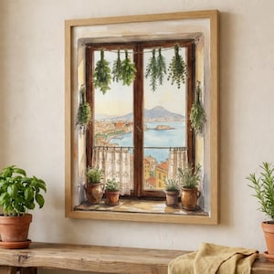 May include: Watercolor painting of a window overlooking a coastal town with a mountain in the distance. The window frame is wooden, and herbs hang from the top. Potted plants sit on a wooden shelf, and more plants are in terracotta pots.