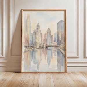 Akvarell konsttryck med Chicagos silhuett, affisch med stadsbilden i Illinois, pastellfärgad skiss av floden i centrum, resesouvenir för inflyttningspresent