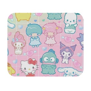 May include: A square, pink, grid-patterned surface featuring various cartoon characters, including Hello Kitty, My Melody, and others. The characters are in pastel colors, with hearts and other decorative elements scattered throughout the design.