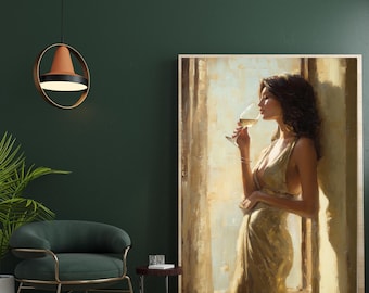 Elegant Woman With Wine Printable Wall Art, Modern Oil Style Female Portrait, Neutral Luxury Home Decor, Digital Download