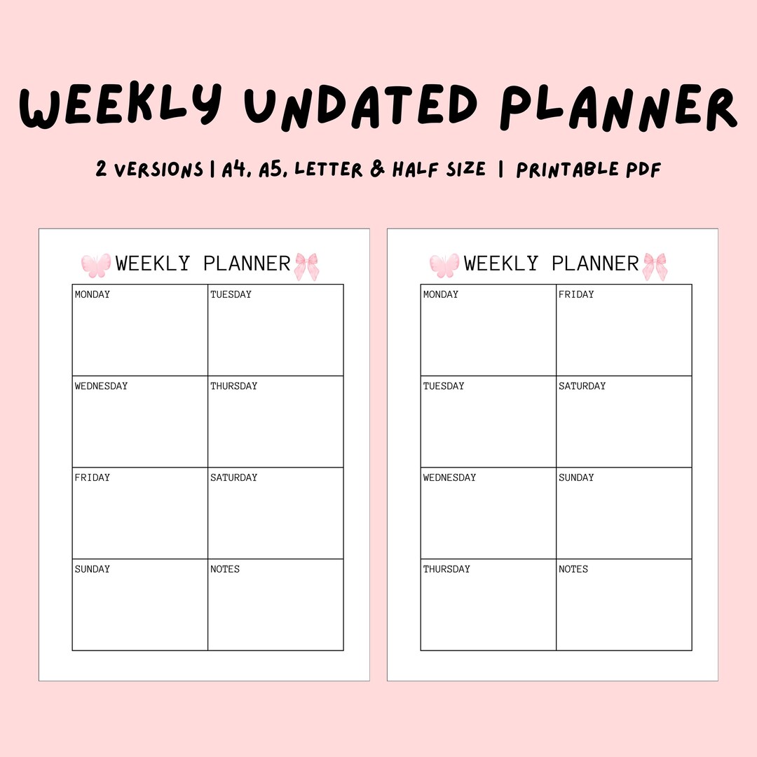 Undated Weekly Planner Printable | A4 A5 Half Letter and Letter Sizes ...
