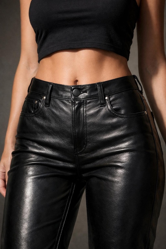 Women Black Leather Pants | High Waist Slim Fit | Genuine Leather Biker Trousers | Fashion Pant